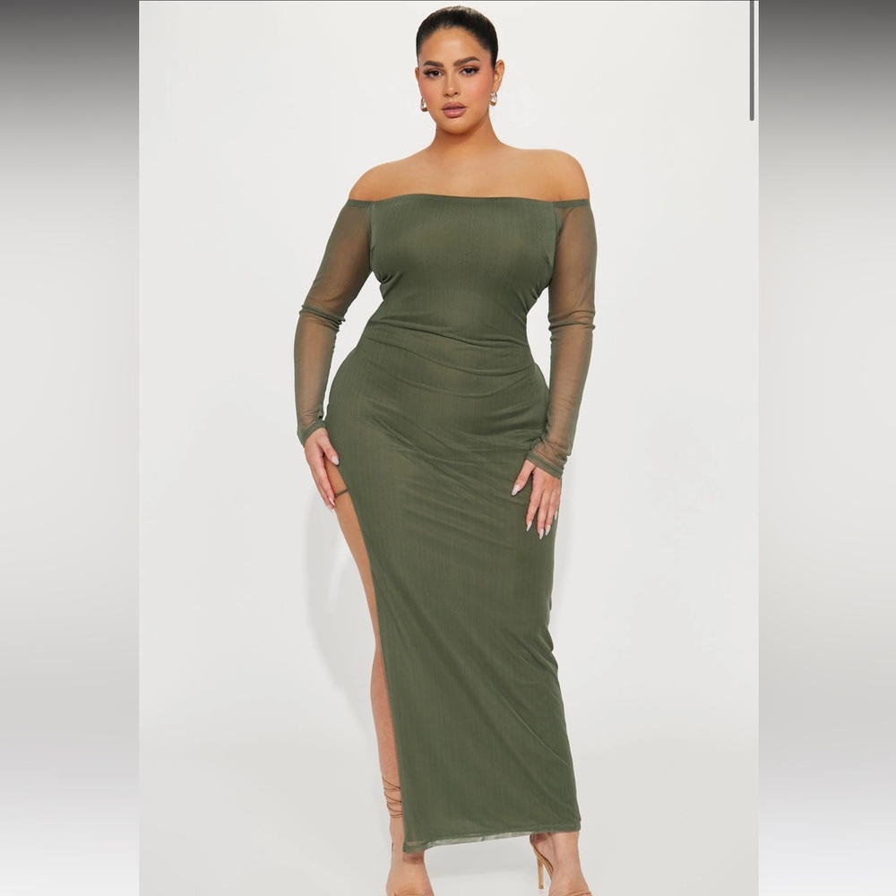 Mesh Olive Off-Shoulder Dress - 2X